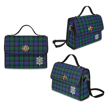 black-watch-modern-tartan-leather-strap-waterproof-canvas-bag-with-family-crest