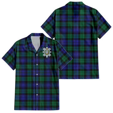 Black Watch Modern Tartan Short Sleeve Button Down Shirt with Family Crest