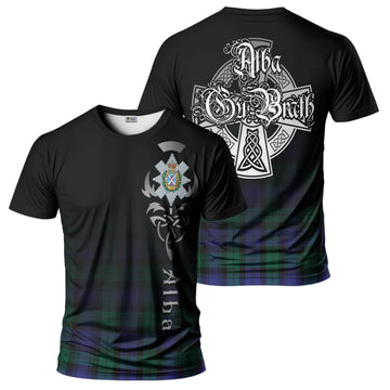 Black Watch Modern Tartan T-Shirt Featuring Alba Gu Brath Family Crest Celtic Inspired