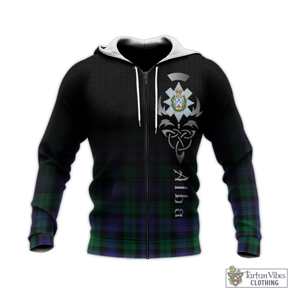 Tartan Vibes Clothing Black Watch Modern Tartan Knitted Hoodie Featuring Alba Gu Brath Family Crest Celtic Inspired