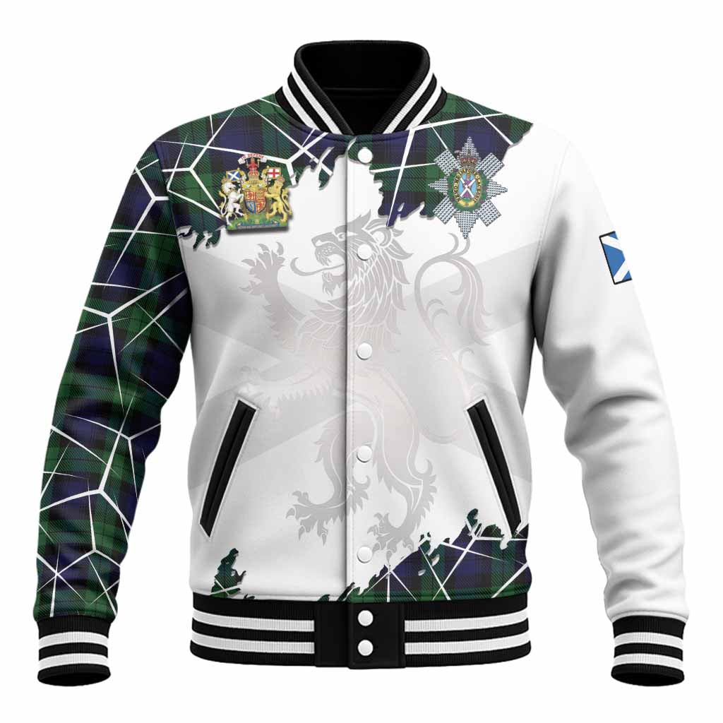Black Watch Tartan Baseball Jacket with Family Crest and Lion Rampant Grunge Style