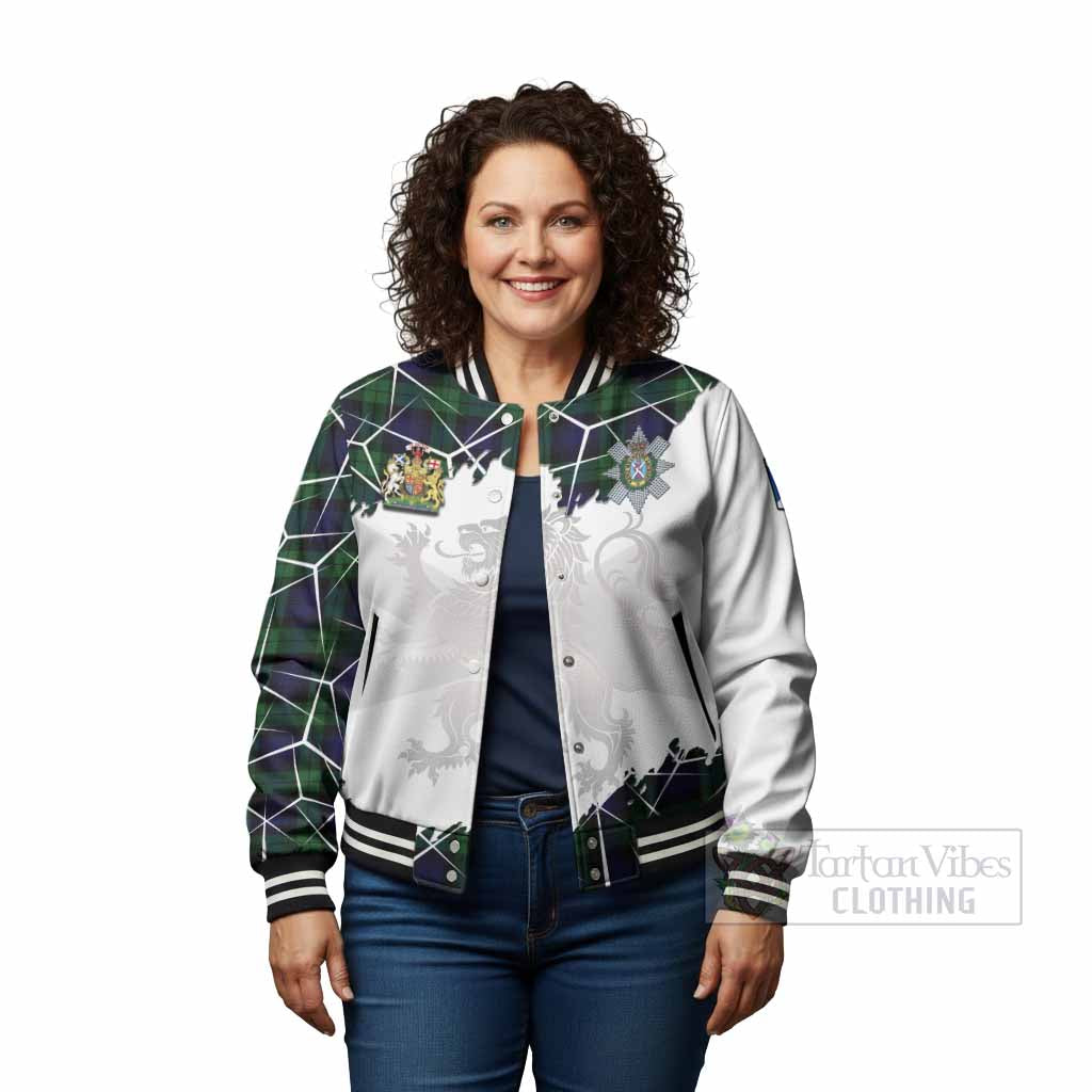Black Watch Tartan Baseball Jacket with Family Crest and Lion Rampant Grunge Style