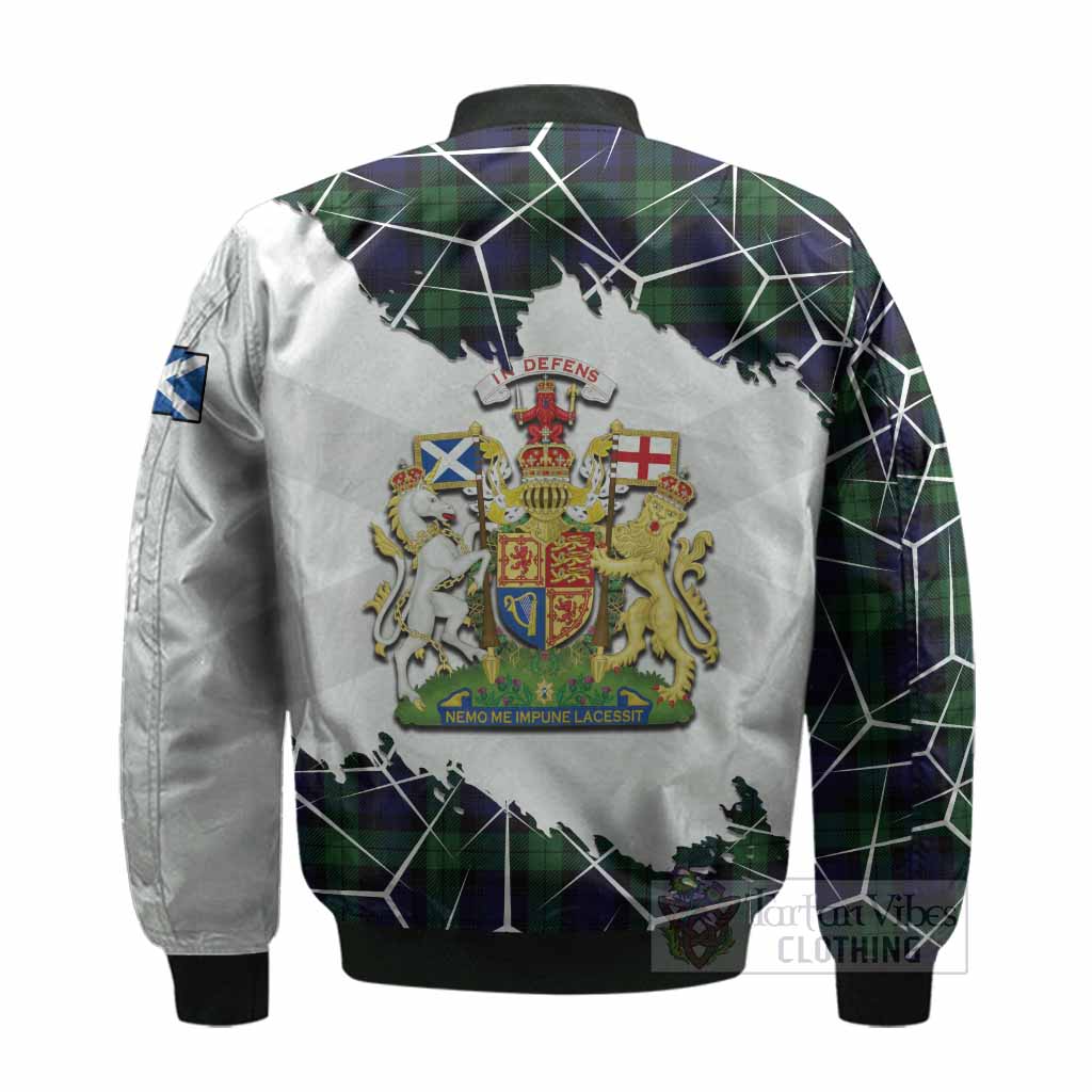 Black Watch Tartan Bomber Jacket with Family Crest and Lion Rampant Grunge Style