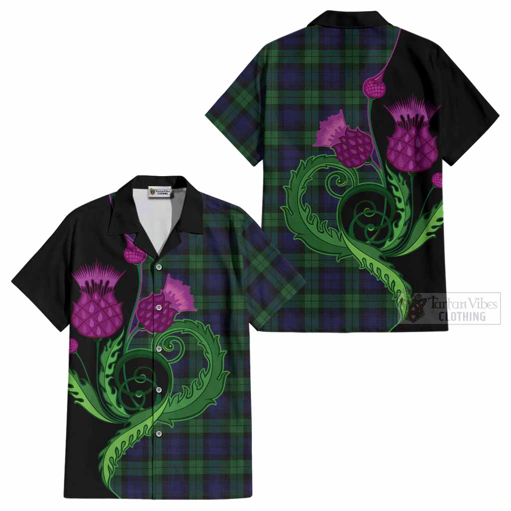 Black Watch Tartan Cotton Hawaiian Shirt Traditional Scottish Thistle