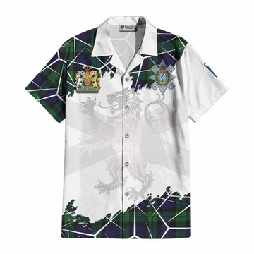 Black Watch Tartan Cotton Hawaiian Shirt with Family Crest and Lion Rampant Grunge Style
