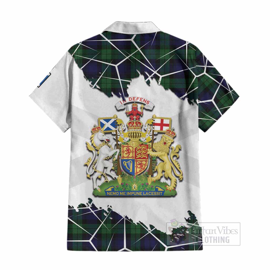 Black Watch Tartan Cotton Hawaiian Shirt with Family Crest and Lion Rampant Grunge Style