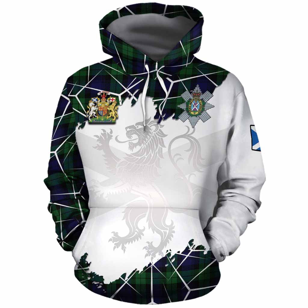 Black Watch Tartan Cotton Hoodie with Family Crest and Lion Rampant Grunge Style