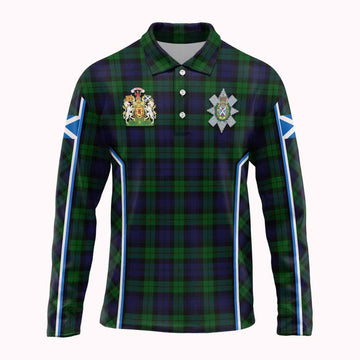 Black Watch Tartan Crest Long Sleeve Polo Shirt Scotland Coat of Arm Flag Style