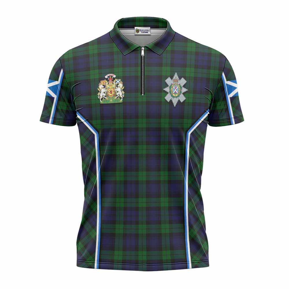 Black Watch Tartan Crest Zipper Polo Shirt Scotland Coat of Arm Flag Style - Tartan Vibes Clothing