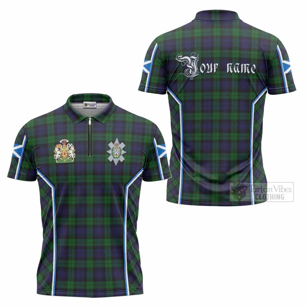 Black Watch Tartan Crest Zipper Polo Shirt Scotland Coat of Arm Flag Style - Tartan Vibes Clothing