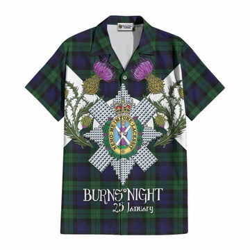 Black Watch Tartan Family Crest Cotton Hawaiian Shirt Scottish Burns Night Thistle Floral