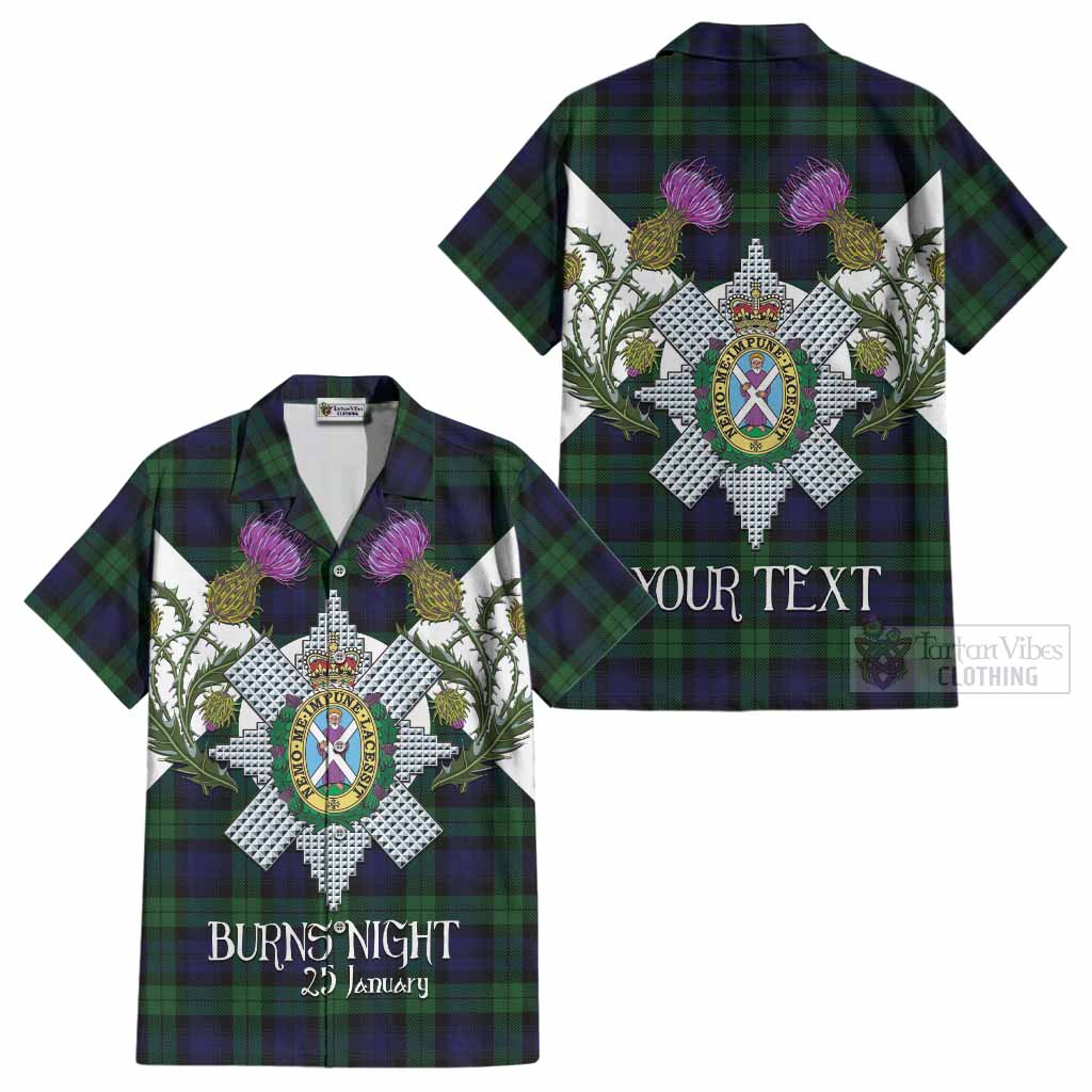 Black Watch Tartan Family Crest Cotton Hawaiian Shirt Scottish Burns Night Thistle Floral