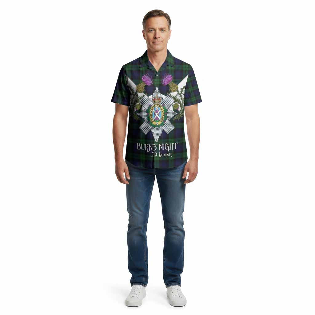 Black Watch Tartan Family Crest Cotton Hawaiian Shirt Scottish Burns Night Thistle Floral