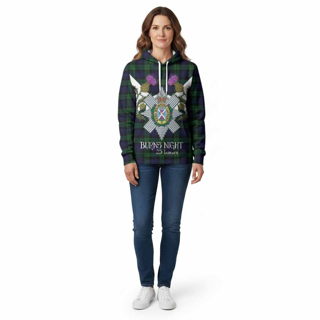 Black Watch Tartan Family Crest Cotton Hoodie Scottish Burns Night Thistle Floral