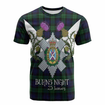 Black Watch Tartan Family Crest Cotton T-shirt Scottish Burns Night Thistle Floral
