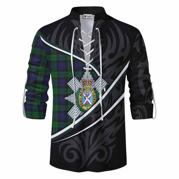 Black Watch Tartan Family Crest Ghillie Kilt Shirt Celtic Scottish Thistle Floral