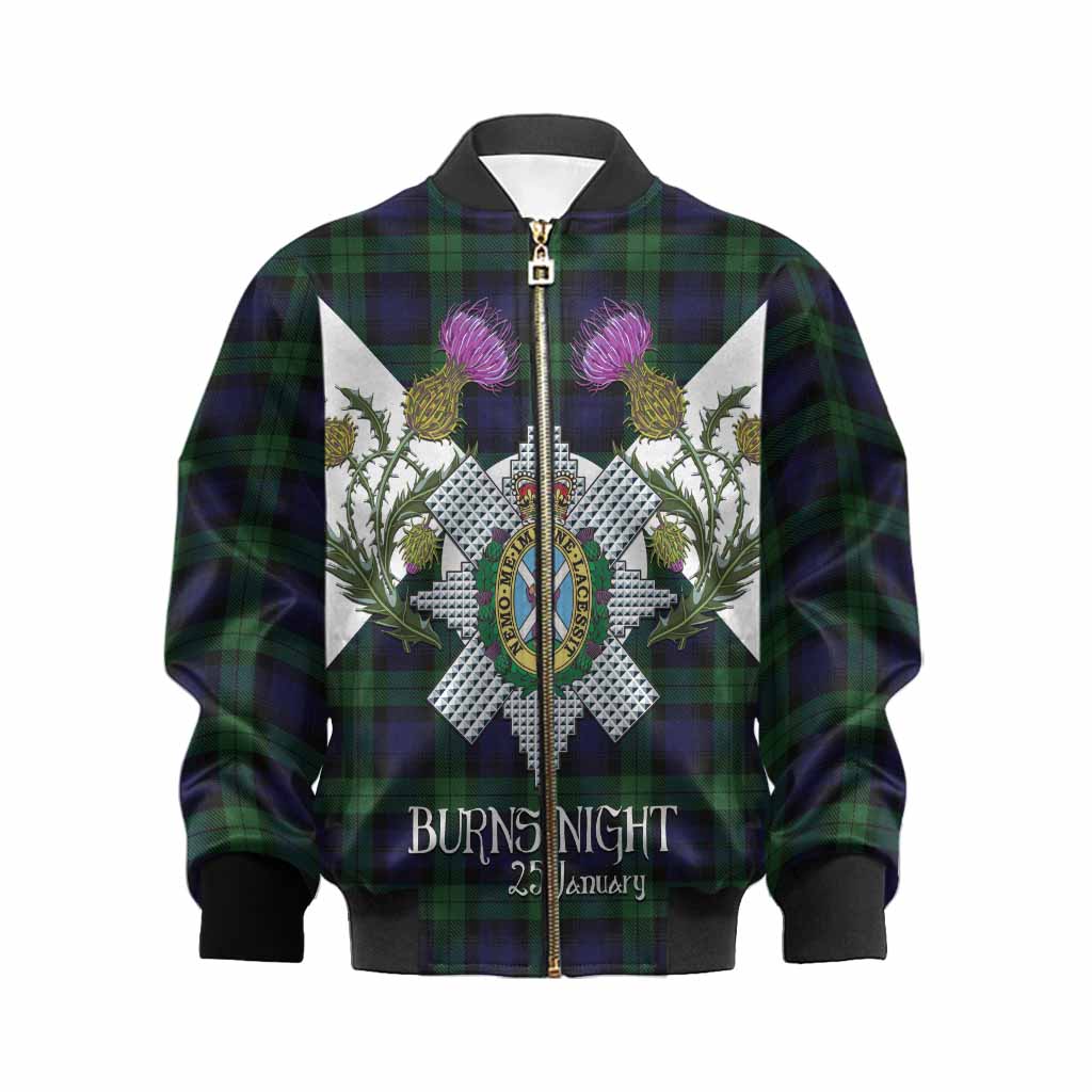 Black Watch Tartan Family Crest Kid Bomber Jacket Scottish Burns Night Thistle Floral