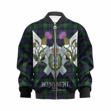 Black Watch Tartan Family Crest Kid Bomber Jacket Scottish Burns Night Thistle Floral