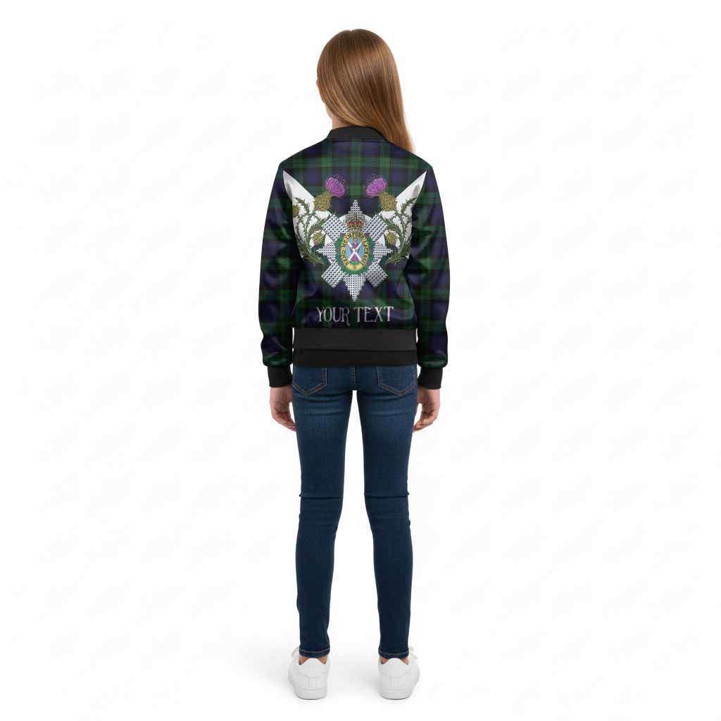 Black Watch Tartan Family Crest Kid Bomber Jacket Scottish Burns Night Thistle Floral