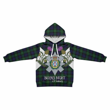 Black Watch Tartan Family Crest Kid Hoodie Scottish Burns Night Thistle Floral
