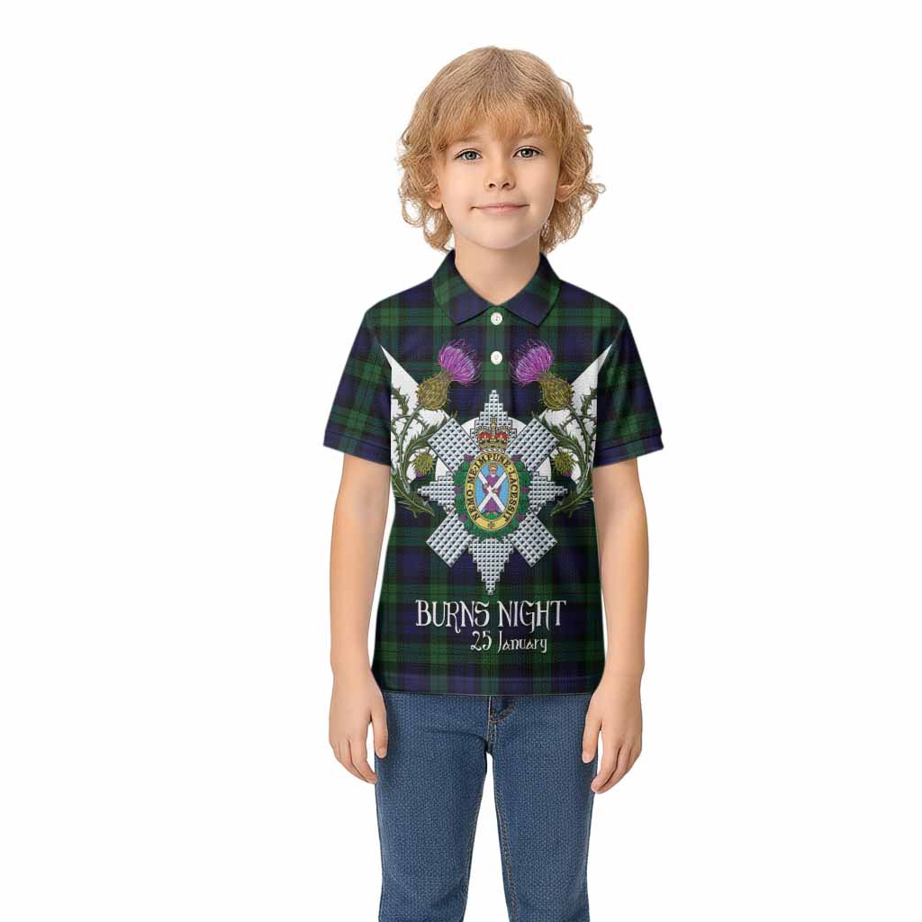 Black Watch Tartan Family Crest Kid Polo Shirt Scottish Burns Night Thistle Floral