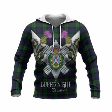 Black Watch Tartan Family Crest Knitted Hoodie Scottish Burns Night Thistle Floral