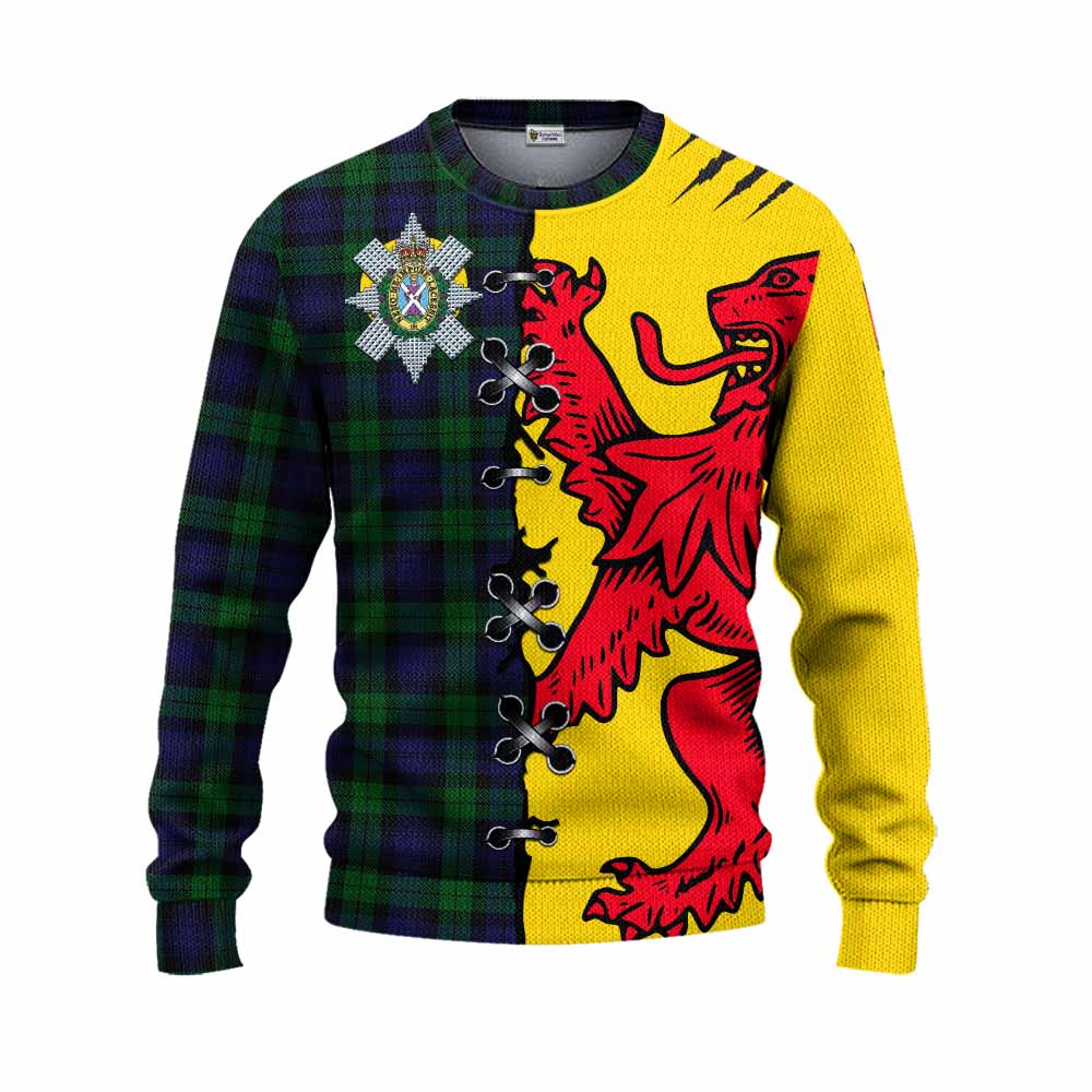 Black Watch Tartan Family Crest Knitted Sweater Lion Rampant Honor - Tartan Vibes Clothing