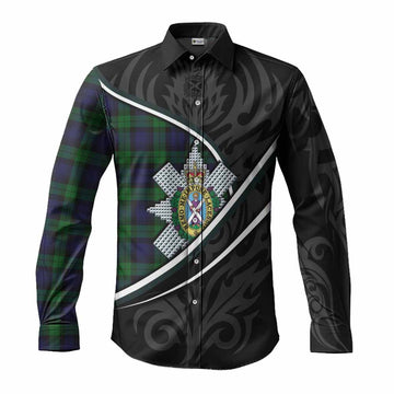 Black Watch Tartan Family Crest Long Sleeve Button Shirts Celtic Scottish Thistle Floral