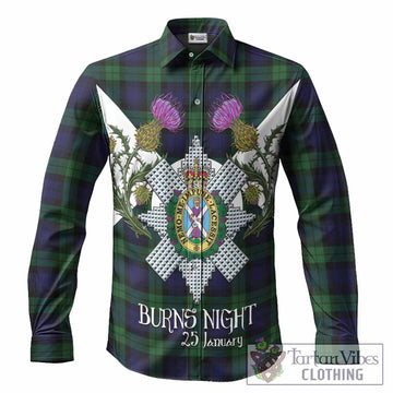 Black Watch Tartan Family Crest Long Sleeve Button Shirts Scottish Burns Night Thistle Floral