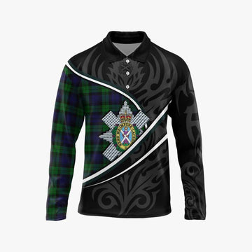 Black Watch Tartan Family Crest Long Sleeve Polo Shirt Celtic Scottish Thistle Floral