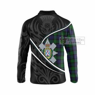 Black Watch Tartan Family Crest Long Sleeve Polo Shirt Celtic Scottish Thistle Floral