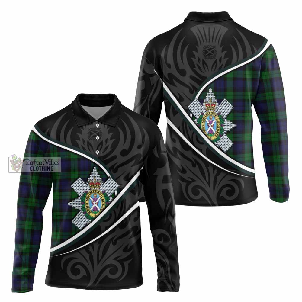 Black Watch Tartan Family Crest Long Sleeve Polo Shirt Celtic Scottish Thistle Floral - Tartan Vibes Clothing