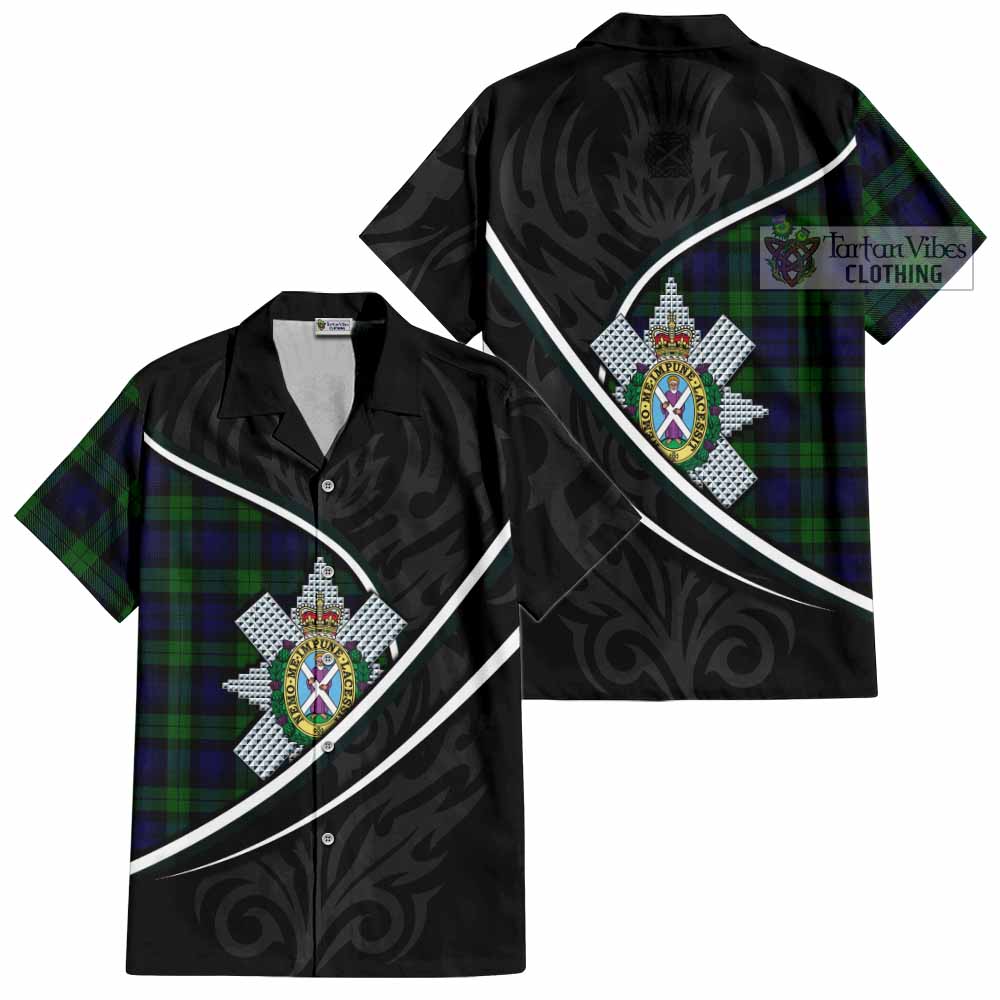 Black Watch Tartan Family Crest Short Sleeve Button Shirt Celtic Scottish Thistle Floral - Tartan Vibes Clothing