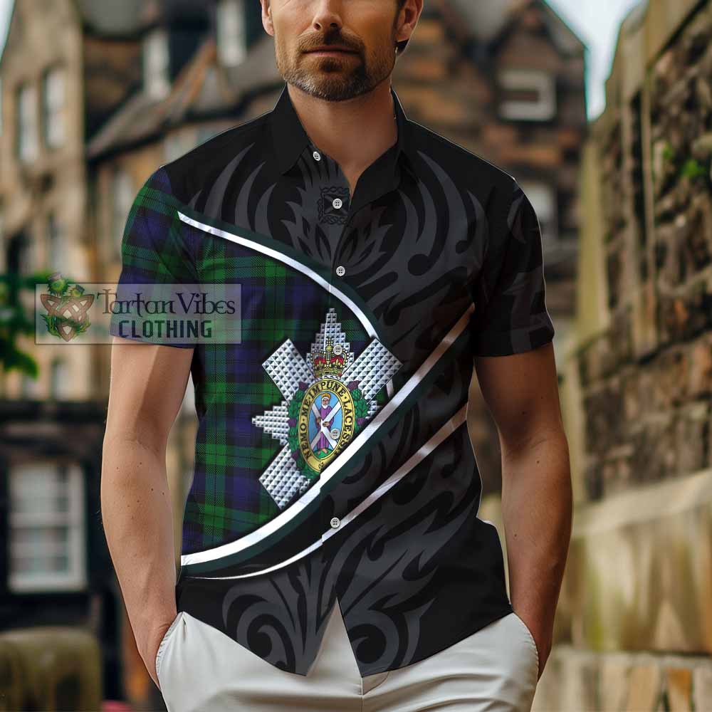 Black Watch Tartan Family Crest Short Sleeve Button Shirt Celtic Scottish Thistle Floral - Tartan Vibes Clothing