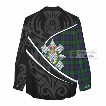 Black Watch Tartan Family Crest Women Casual Shirt Celtic Scottish Thistle Floral