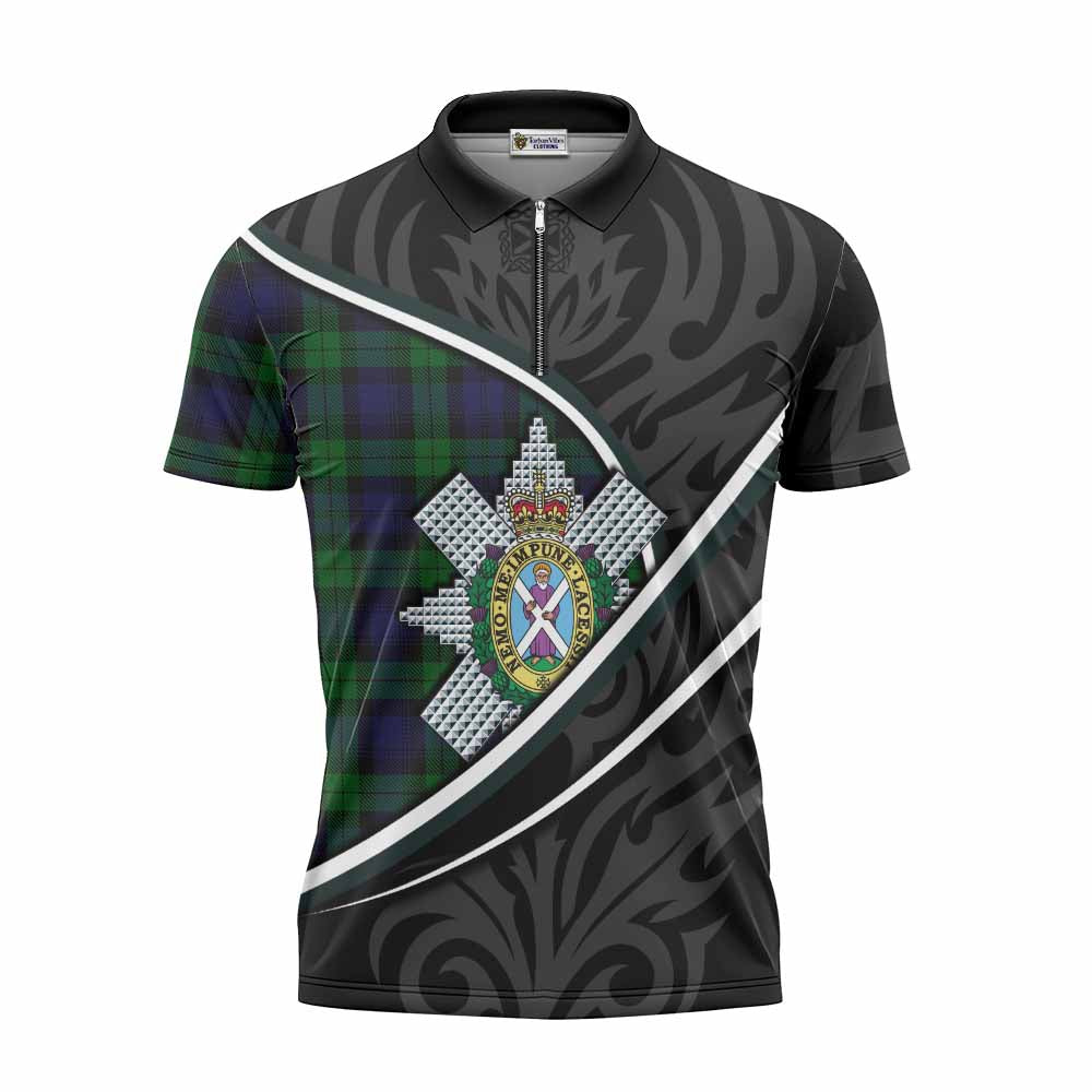 Black Watch Tartan Family Crest Zipper Polo Shirt Celtic Scottish Thistle Floral - Tartan Vibes Clothing