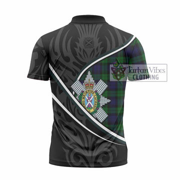 Black Watch Tartan Family Crest Zipper Polo Shirt Celtic Scottish Thistle Floral