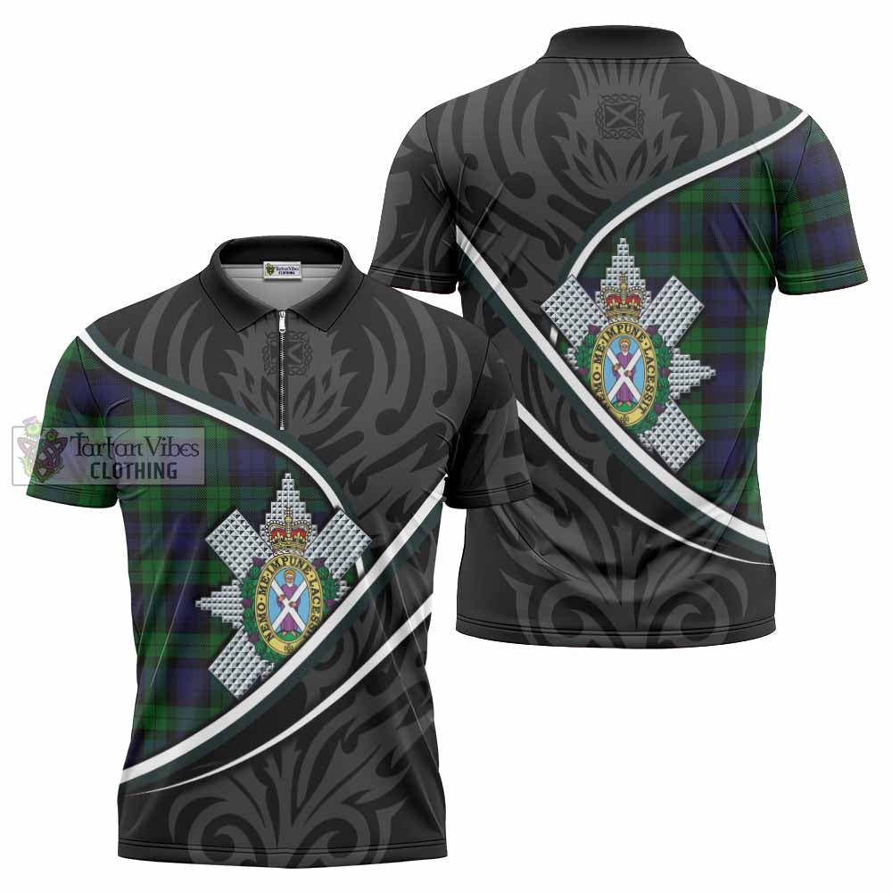 Black Watch Tartan Family Crest Zipper Polo Shirt Celtic Scottish Thistle Floral - Tartan Vibes Clothing