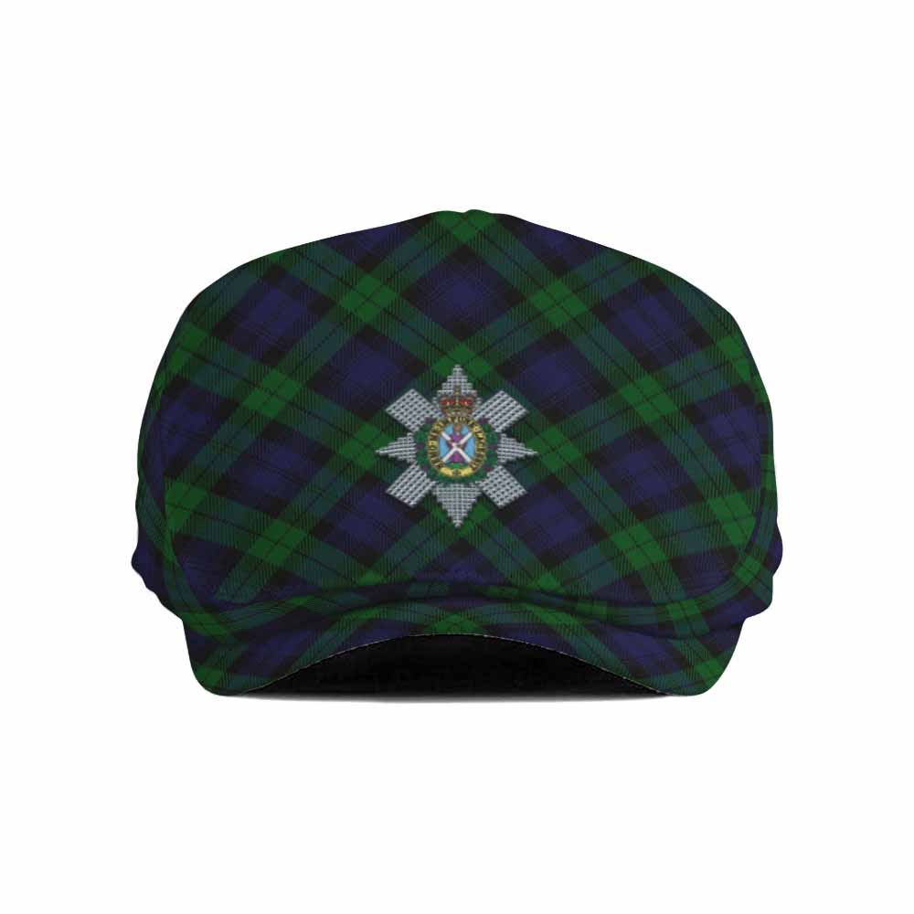 Black Watch Tartan Flat Cap, Jeff Cap Cross Style with Family Crest - Tartan Vibes Clothing