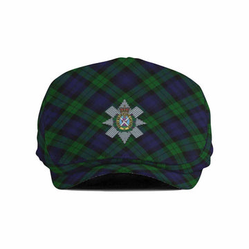 Black Watch Tartan Flat Cap, Jeff Cap Cross Style with Family Crest