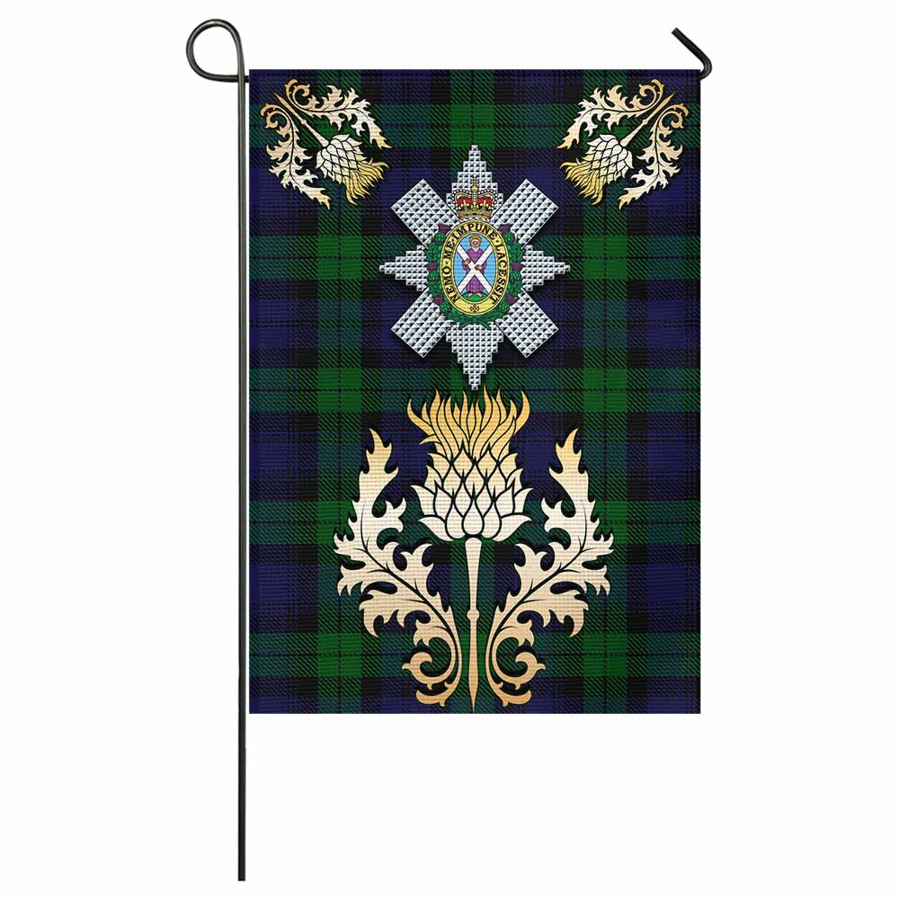 Black Watch Tartan Garden Flag with Golden Regal Scottish Thistle Emblem - Tartan Vibes Clothing