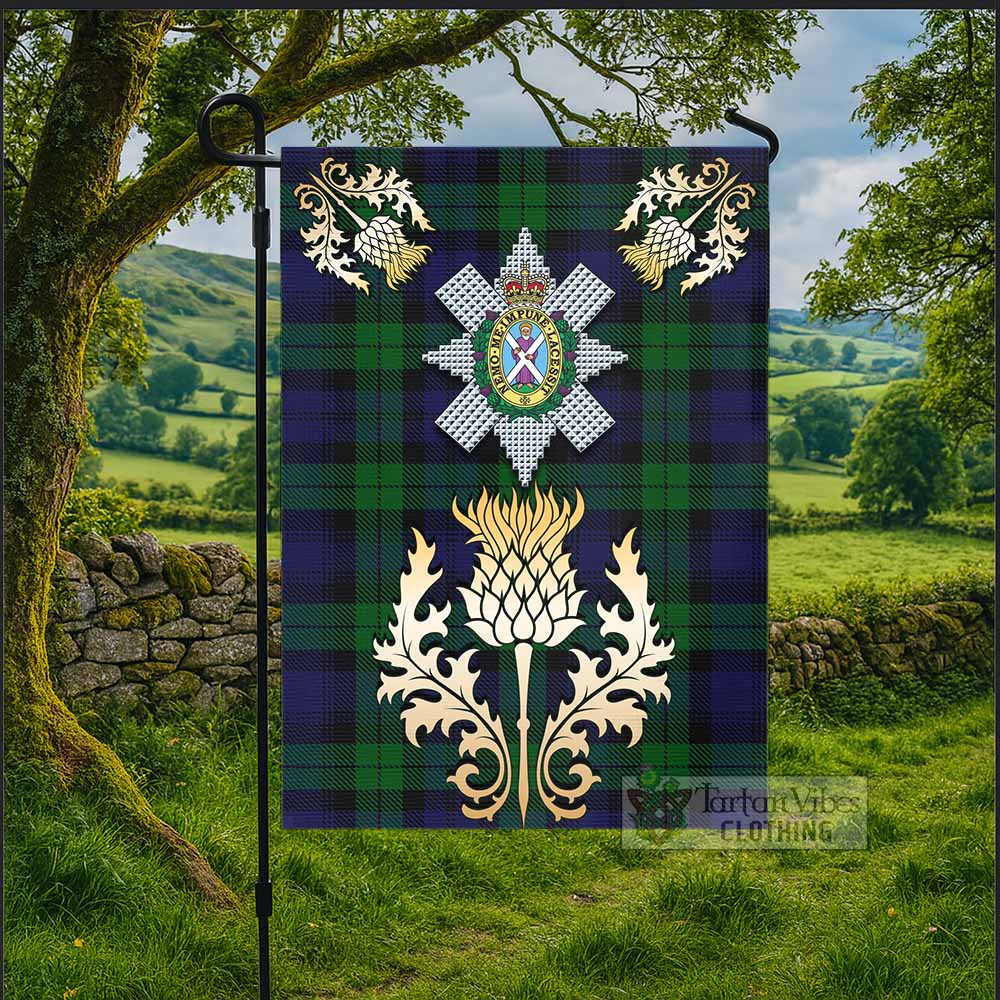 Black Watch Tartan Garden Flag with Golden Regal Scottish Thistle Emblem - Tartan Vibes Clothing