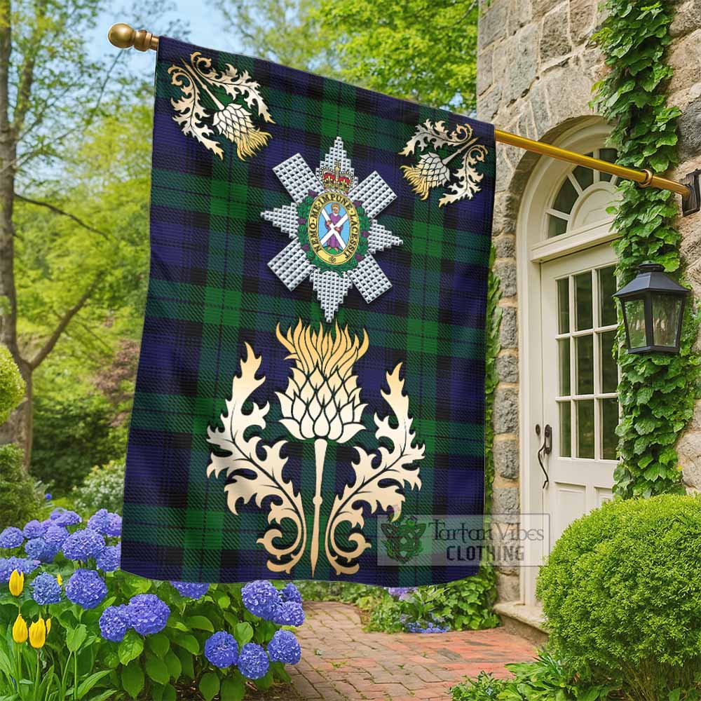 Black Watch Tartan Garden Flag with Golden Regal Scottish Thistle Emblem - Tartan Vibes Clothing