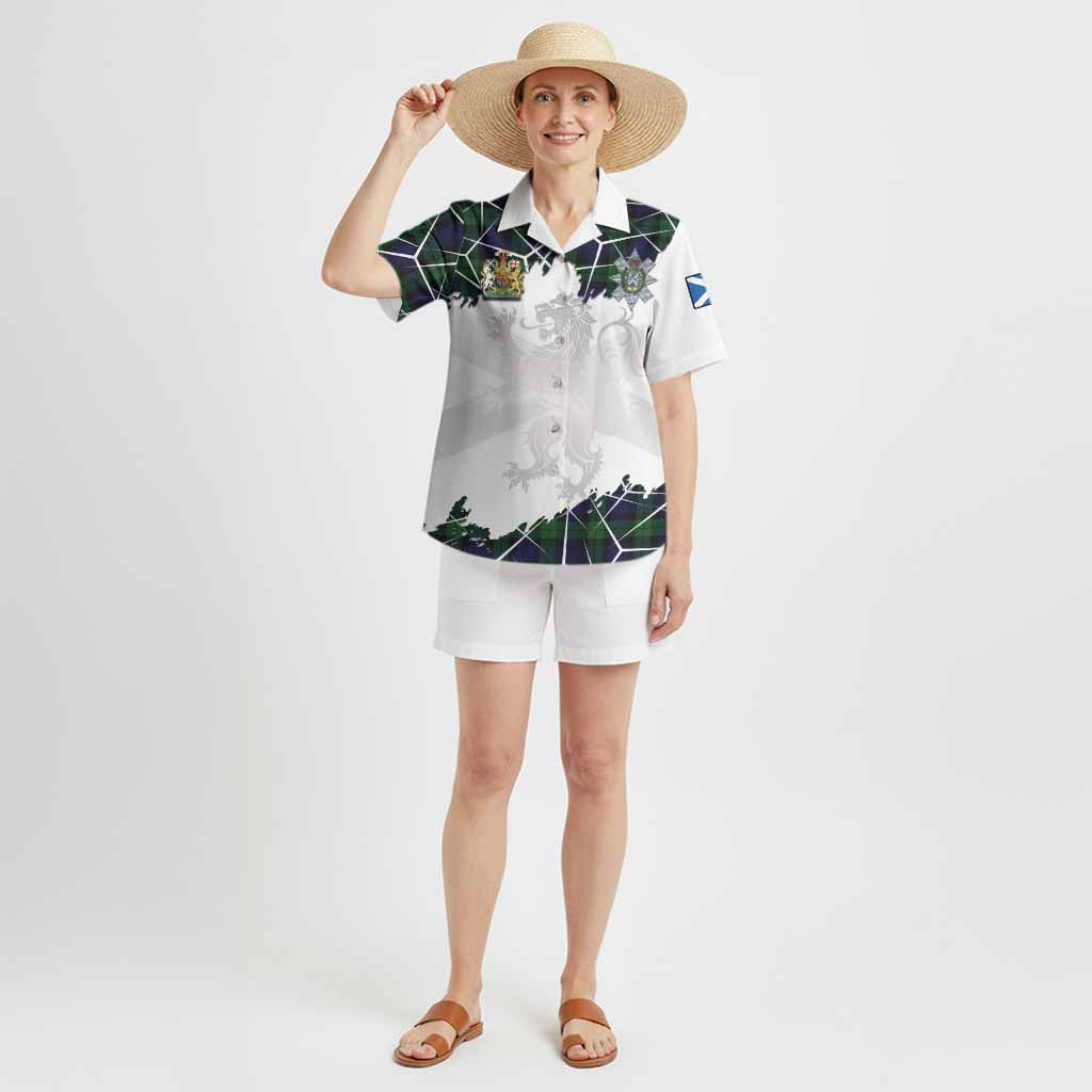 Black Watch Tartan Hawaiian Shirt with Family Crest and Lion Rampant Grunge Style