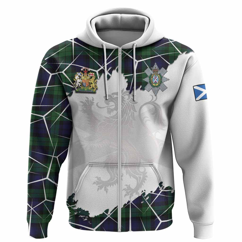 Black Watch Tartan Hoodie with Family Crest and Lion Rampant Grunge Style
