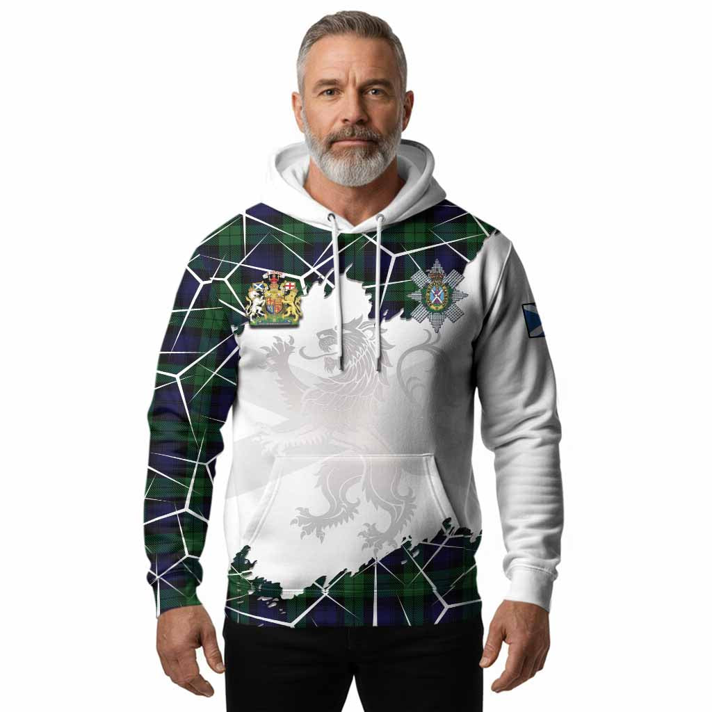 Black Watch Tartan Hoodie with Family Crest and Lion Rampant Grunge Style