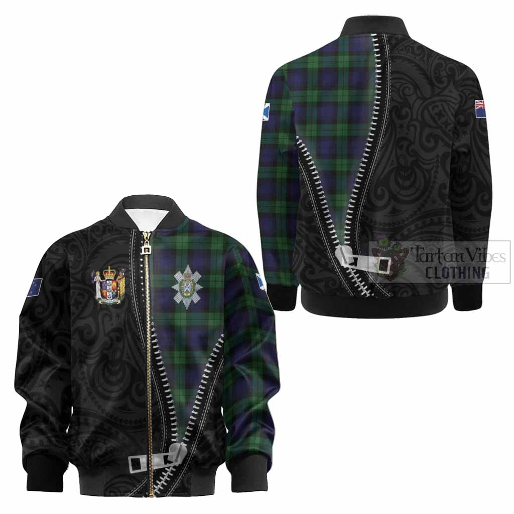 Black Watch Tartan Kid Bomber Jacket New Zealand Pattern Unique Zipper Stylized