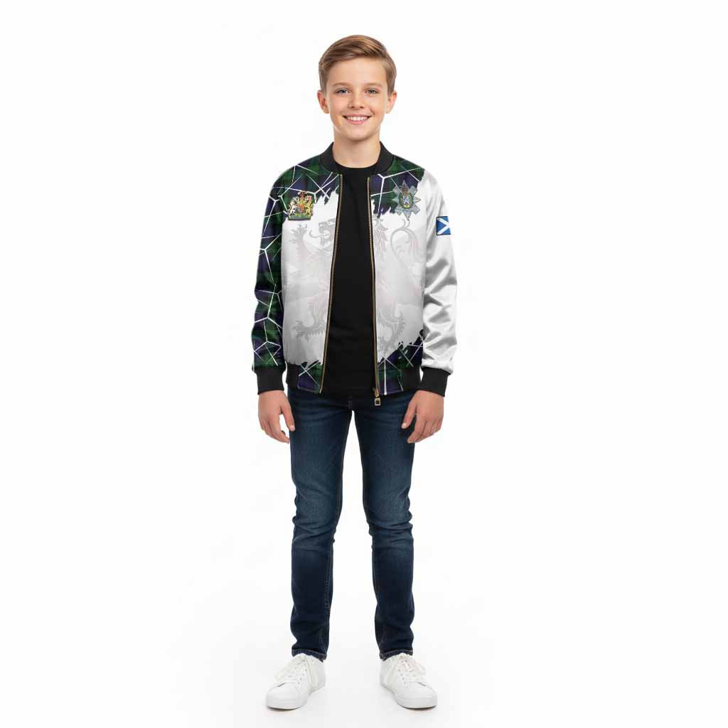 Black Watch Tartan Kid Bomber Jacket with Family Crest and Lion Rampant Grunge Style