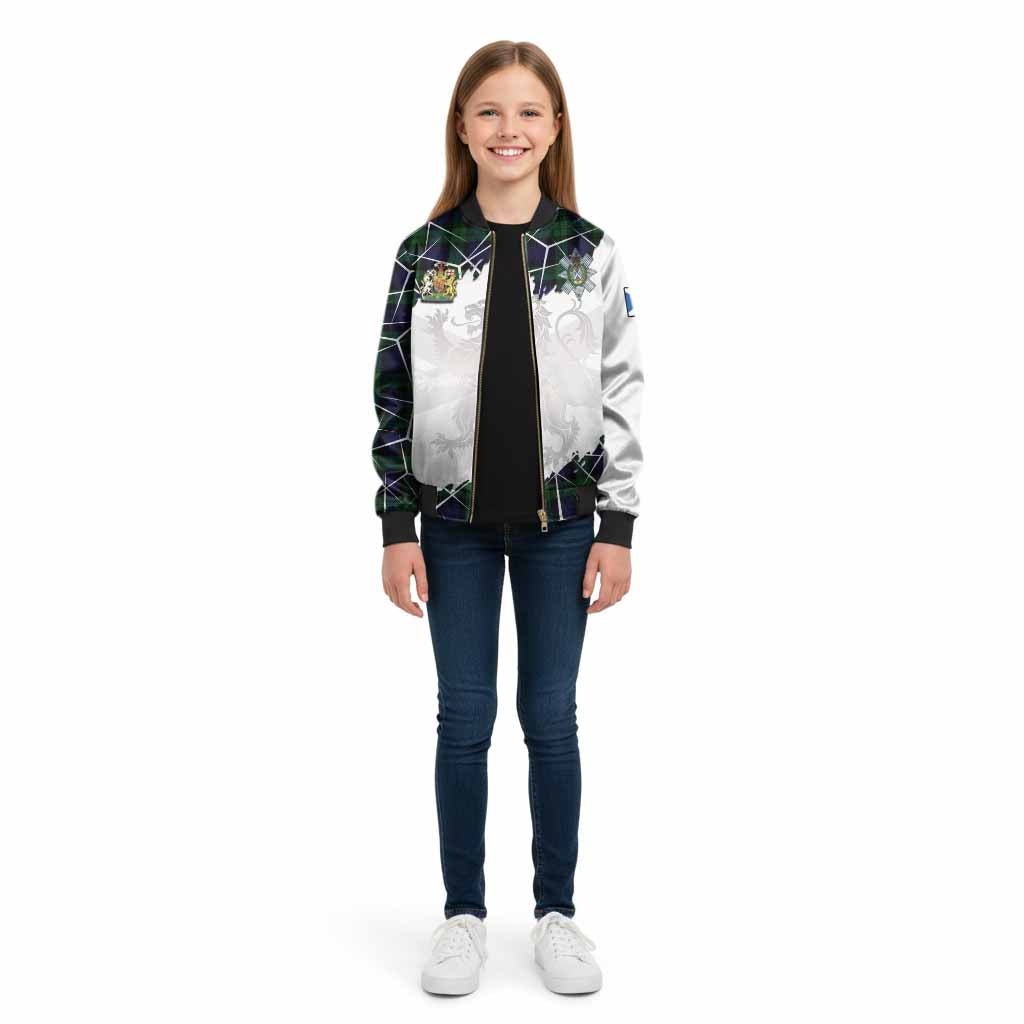 Black Watch Tartan Kid Bomber Jacket with Family Crest and Lion Rampant Grunge Style