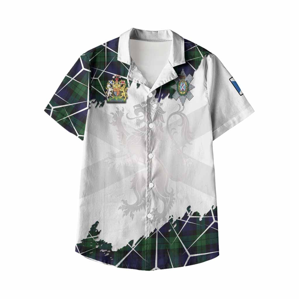 Black Watch Tartan Kid Hawaiian Shirt with Family Crest and Lion Rampant Grunge Style